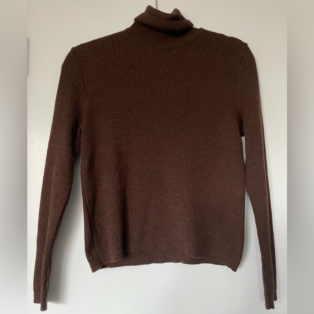 Dark brown merino wool knit turtleneck sweater